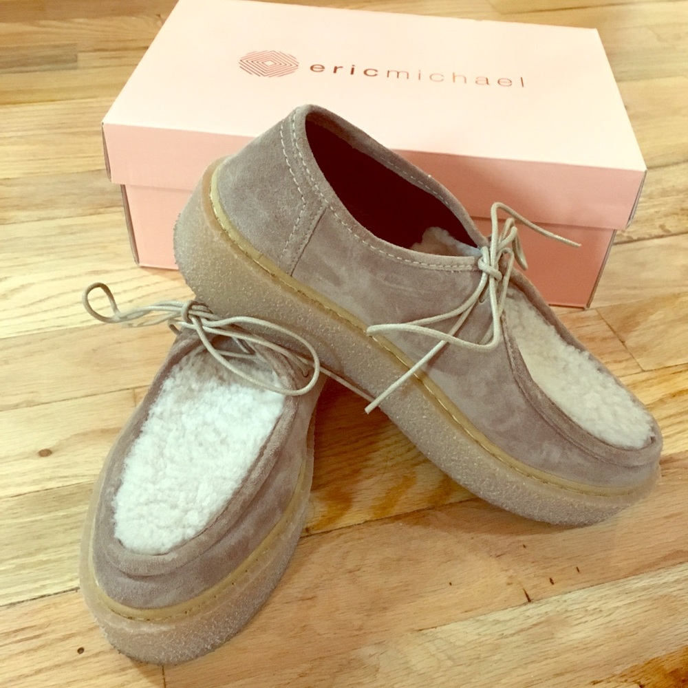 Shearling and suede platform shoes